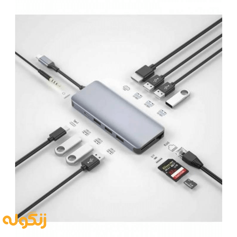 انواع پورت های جعبه هاب 12 پورت گرین لاین مدل Type-C 4K 12 IN 1