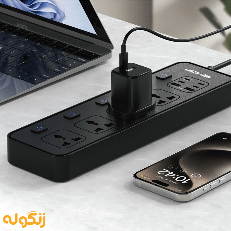 امکان شارژ چند دستگاه با چندراهی و محافظ برق و شارژر گرین لاین مدل Power Socket Multi Port توان 3000 وات