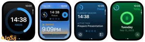 تصویر صفحه نمایش اپل واچ با اپلیکیشن Focus که تایمرهای جلسات تمرکز و زمان باقی‌مانده را نشان می‌دهد
